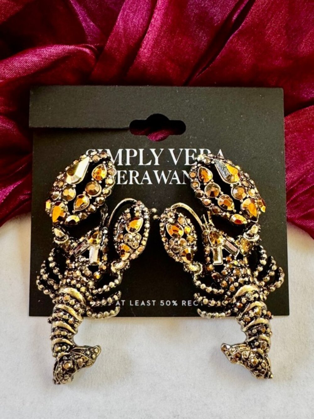 Simply Vera Vera Wang Gold Amber Lobster Crystal Rhinestone Drop Earrings NWT